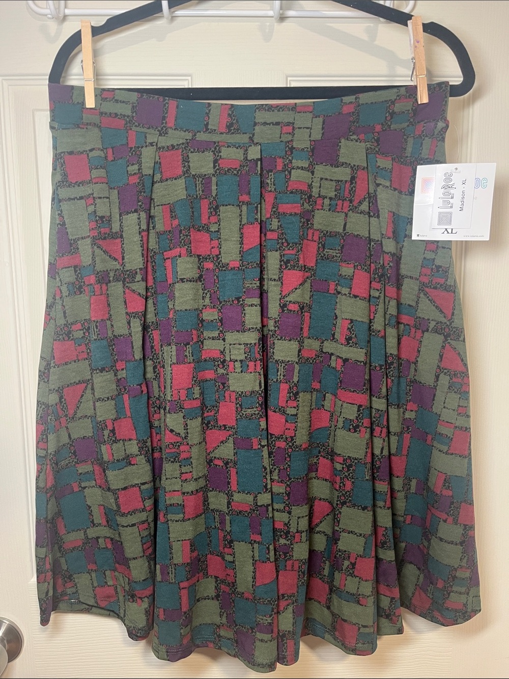 LuLaRoe A-Line Skirt in Olive with Teal and Magenta Geometric Print